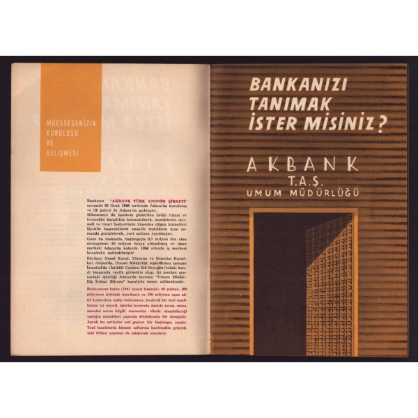Akbank T.A.Ş. Beyoğlu Şubesi Umum Müdürlüğü reklam kataloğu, 1961 yılı, 16x24 cm...