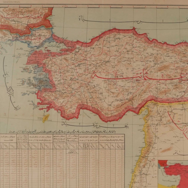 Balkan Harbi’nin sona ermesinin ardından Osmanlı Devleti´nin gerilediği siyasi sınırlarını gösteren, “Memalik-i Osmaniye’nin Harb-i Umumiyeti’ni Müteakip Sulh Kongresi’nce Tayin Eden Hudutlarını Gösteren Harita” başlıklı, Kıdemli Yüzbaşı Muhammed Salih Efendi tarafından hazırlanan Osmanlıca harita, 1336 tarihli, Matbaa-i Amire, çerçevesiyle birlikte 87x63 cm…