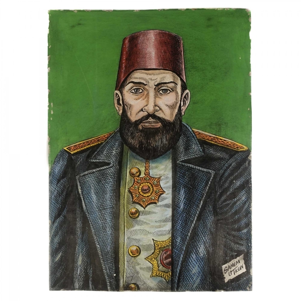 Samim Utkun´dan ıslak imzalı Sultan II. Abdülhamid portresi, kâğıt üzeri karışık teknik, 25x35 cm...