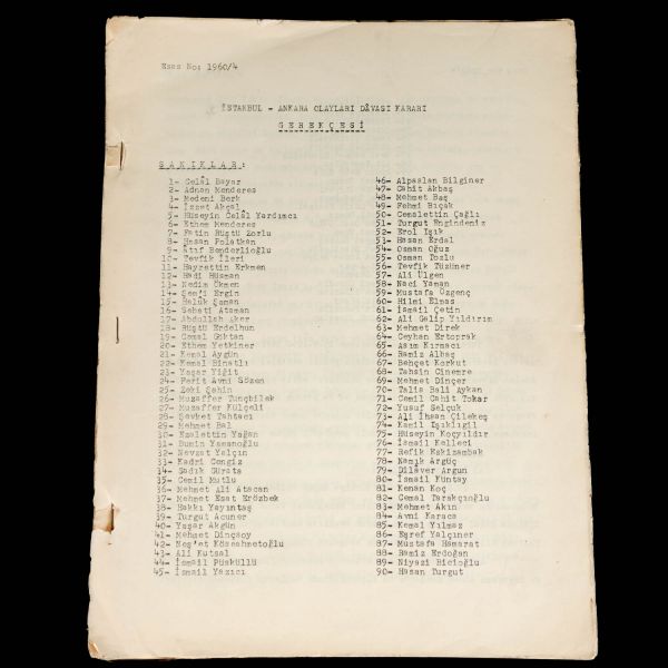 Celal Bayar, Adnan Menderes, Fatin Rüştü Zorlu, Hasan Polatkan vd. Demokrat Parti ileri gelenlerinin yargılandığı İstanbul-Ankara Olayları Davası´nın karar raporu, 158 sayfa, 23x31 cm...