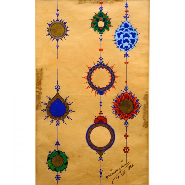 Süheyl Ünver imzalı tezhipli hizip gülü çalışmaları, 1940 tarihli, kağıt ölçü: 13x22 cm, çerçeve içi paspartu: 23x31 cm...