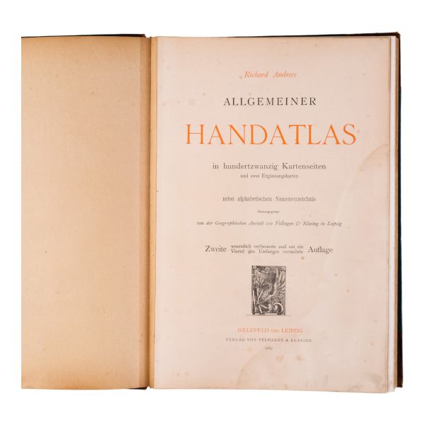 Allgemeiner HANDATLAS in hundertzwanzig Kartenseiten und zwei Erganzungskarten, Richard Andrees, 1887, Verlag von Velhagen & Klasing, Bielefeld und Leipzig, 122+112 sayfa, 30x43 cm...