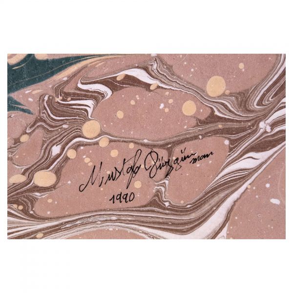 Mustafa Düzgünman imzalı papatya ebrusu, 1990 tarihli, ebru ölçü: 34x49 cm...