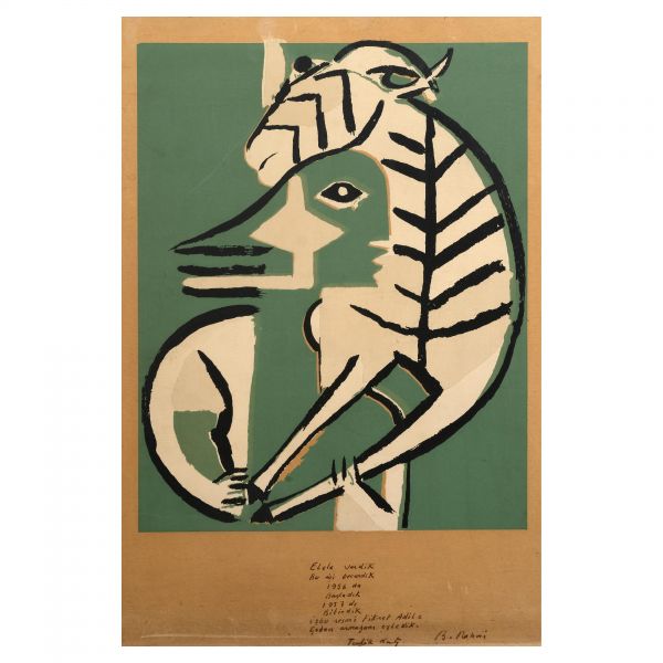 Bedri Rahmi Eyüboğlu ve Tevfik Kent´in ortaklaşa hazırlayıp, arkadaşları Fikret Adil´e armağan ettikleri resim, kâğıt üzerine guaj boya, resim 39x50 cm, çerçeve 48x59 cm...