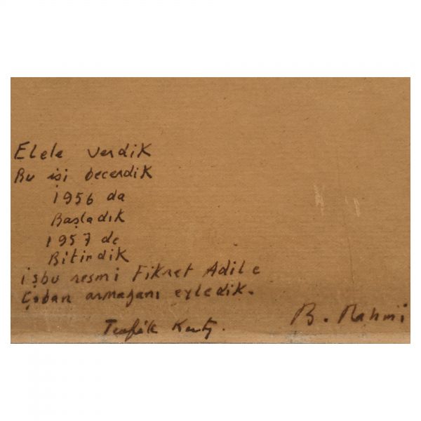 Bedri Rahmi Eyüboğlu ve Tevfik Kent´in ortaklaşa hazırlayıp, arkadaşları Fikret Adil´e armağan ettikleri resim, kâğıt üzerine guaj boya, resim 39x50 cm, çerçeve 48x59 cm...