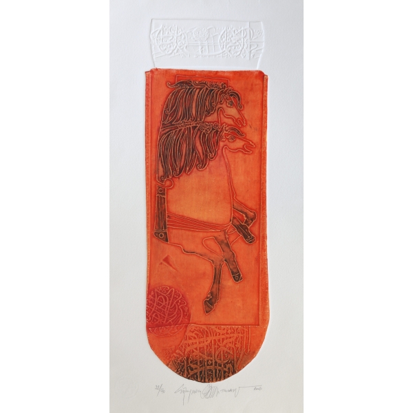 Süleyman Saim Tekcan'ın 'Atlar ve Hatlar' serisinden imzalı özgün baskı gravür, 2006 tarihli, 26,5x53 cm.