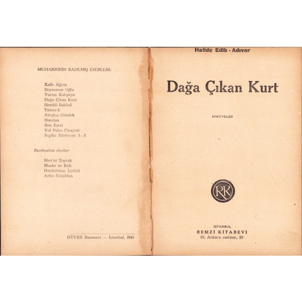 Dağa Çıkan Kurt, Halide Edip [Adıvar], Remzi Kitabevi, İstanbul, 1945, 174 sayfa, 13x19 cm