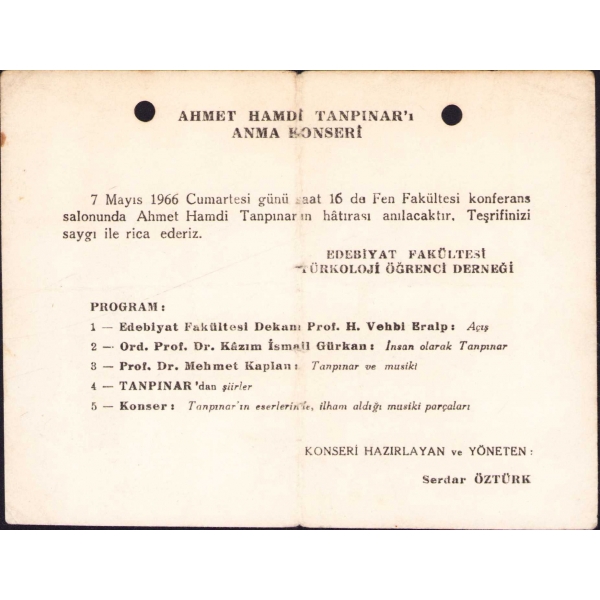 Ahmet Hamdi Tanpınar'ı Anma Konser Programı davetiyesi, 7 Mayıs 1966, 14x10 cm,