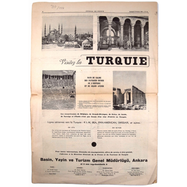 La Turquie, Numero Special du Journal de Geneve, Kapak: Adnan Menderes ve Celal Bayar, 1953, 8 sayfa, haliyle, 235x50 cm