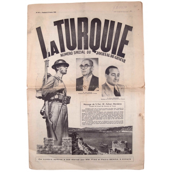 La Turquie, Numero Special du Journal de Geneve, Kapak: Adnan Menderes ve Celal Bayar, 1953, 8 sayfa, haliyle, 235x50 cm