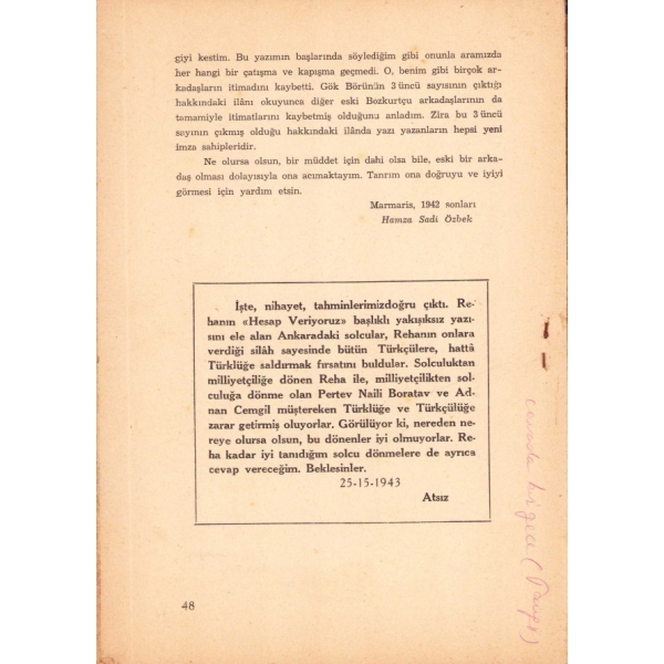 Hesap Böyle Verilir [Reha Oğuz Türkkan'a Reddiyeler], Nihal Atsız ve Hamza Sadi Özbek, 1943, Arkadaş Basımevi, 48 sayfa, 14x20 sayfa