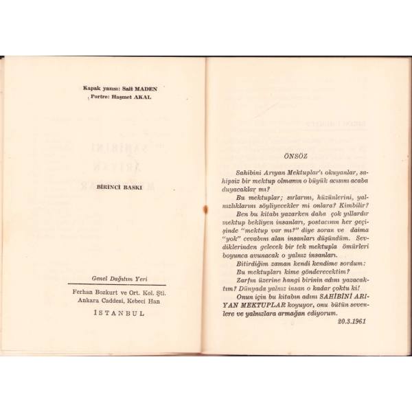 Ümit Yaşar Oğuzcan'dan İmzalı ve İthaflı: Sahibini Arayan Mektuplar, İlk Baskı, Ekin Basımevi, 1961, 31 sayfa