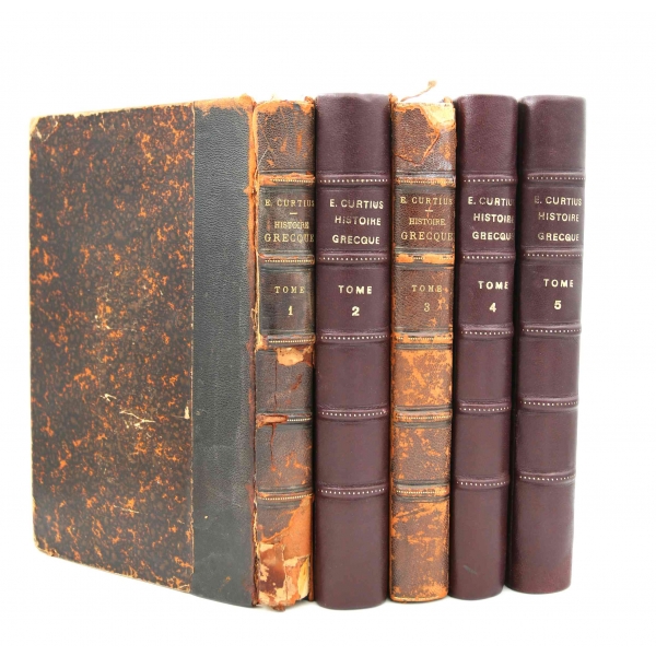 5 cilt E. Curtius Histoire Grecque, A. Bouche-Leclerco, 1894 Paris baskı, 588+668+535+487+575 sayfa, 17x25 cm, birinci cildin sırtı haliyle