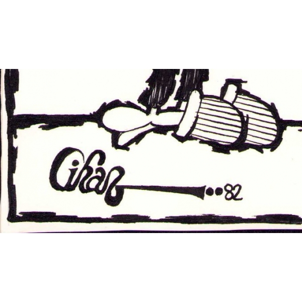 Karikatürist Cihan Demirci İmzalı, 1982 tarihli çizim, 17x22 cm