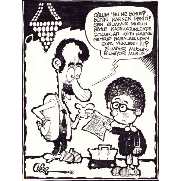 Karikatürist Cihan Demirci İmzalı, 1982 tarihli çizim, 17x22 cm