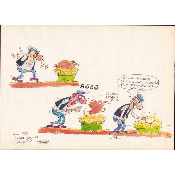 Karikatürist ve Fotoğrafçı Sadık Üçok'tan İthaflı ve İmzalı, 4 Şubat 1982 tarihli çizim, 34x25 cm