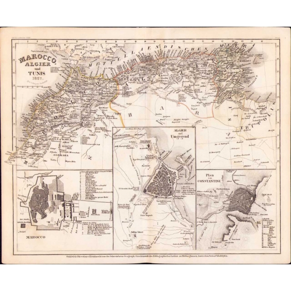 Fas, Cezayir ve Tunus haritası, 1857, 23x28 cm