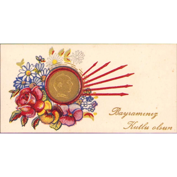 İsmet İnönü gofre kabartmalı ve altı ok görselli bayram tebrik kartı ve zarfı, 5x11 cm