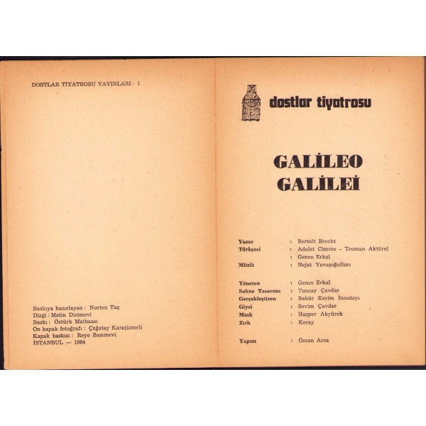 Galileo Galilei, Dostlar Tiyatrosu, 121 s., 13x19 cm, kapağı yorgun haliyle