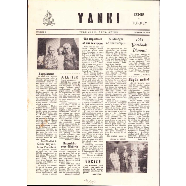 Türkçe-İngilizce Yankı gazetesinin 1970-71 tarihli 4 sayısı, 25x34 cm ve 29x40 cm