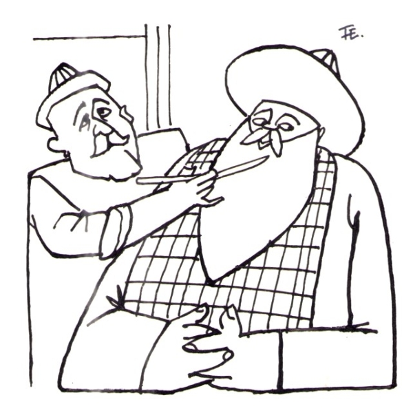 Ferruh Doğan imzalı berber ve nalbant konulu karikatür, 17x24 cm