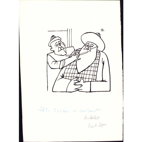 Ferruh Doğan imzalı berber ve nalbant konulu karikatür, 17x24 cm