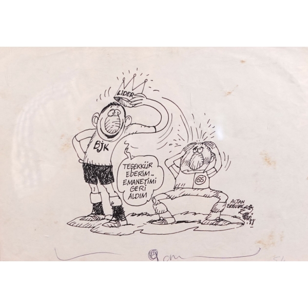 Altan Erbulak imzalı, çerçeveli, Beşiktaş- Galatasaray konulu karikatür, 24x33 cm