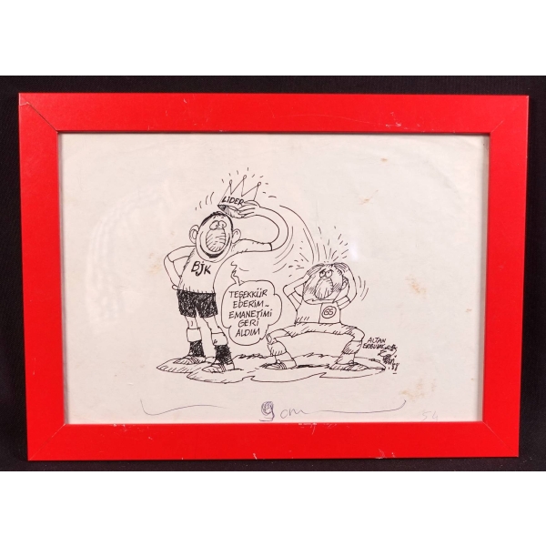 Altan Erbulak imzalı, çerçeveli, Beşiktaş- Galatasaray konulu karikatür, 24x33 cm