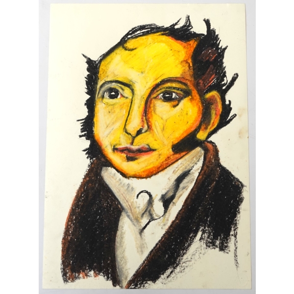Ressam Kerem Öztürk imzalı kağıt üzerine pastel boya Giocchino Rossini portresi, 35x50 cm