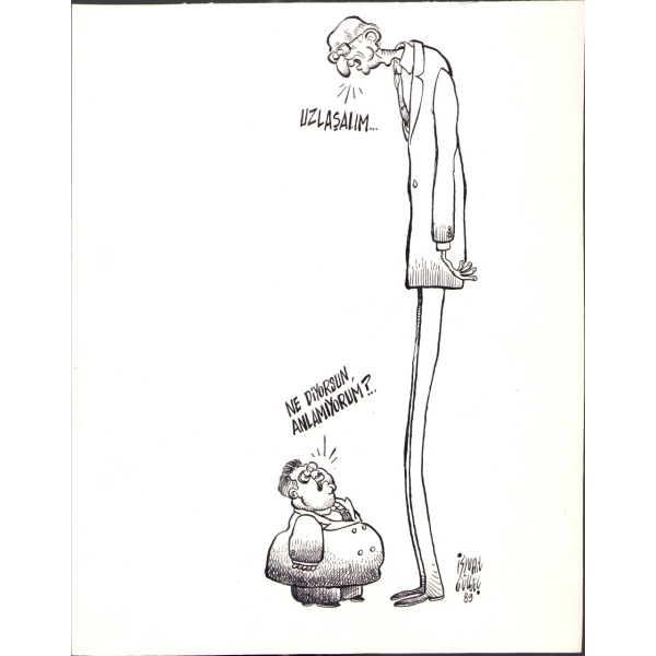 Siyasi Tarih: ismail Gülgeç 89 imzalı Turgut Özal konulu karikatür, 25x31 cm
