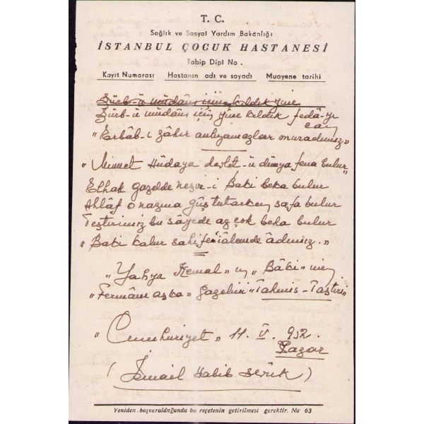 İSMAİL HABİB SEVÜK´ÜN OSMANLICA - LATİNCE EL YAZISIYLA YAZDIĞI, YAHYA KEMAL´İN BAKİ´NİN BİR GAZELİNİ TAŞTİRİ, 11 X 16,5 cm, 2 yaprak, 4 sayfa…